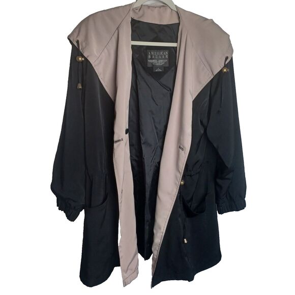 Vintage American Bazaar Medium Black & Beige Nylon Jacket Coat with hood - Picture 3 of 4